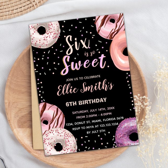 Seis Rosquinhas Negras Suaves Convites de Aniversá (Six Sweet Black Pink Donut Birthday Invitations)