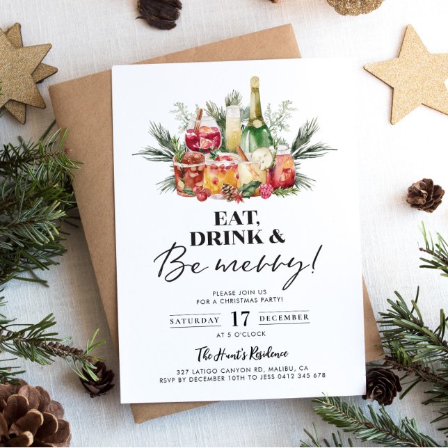 Seja feliz Convite de festas de natal (Eat, Drink & Be Merry - Christmas Party Invitation)