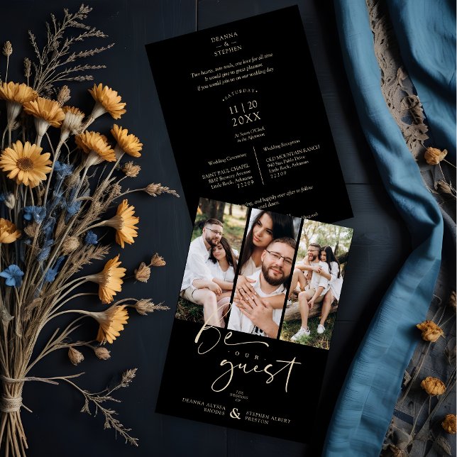 Seja nosso Casamento de Colagem de Script de Cotaç (Be our Guest Quote Script Collage 3 Photos Black Trendy Wedding Invitation with Envelope.)