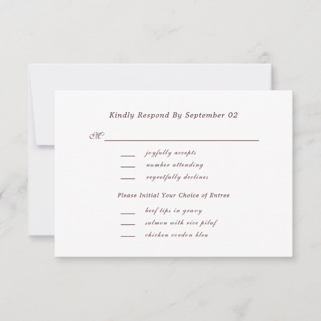 Seleção de Menu de Casamento Chic em Script Vermel (Frente)