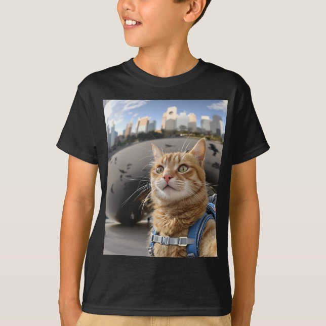 Selfie de Gato em Chicago Bean Kids Basic T-Shirt (Frente)