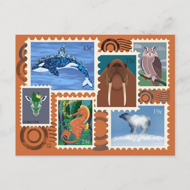 Selos Postais de Animais Cartões Postais (Frente)
