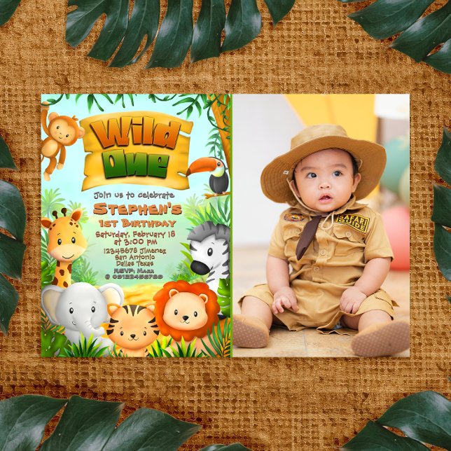 Selvagem - Animais da Savana com Convite de Foto (Wild One - Safari Animals with Photo Picture Landscape Invitation)
