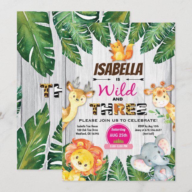 Selvagem e três aniversário de 3 anos convite safa (Frente/Verso)