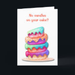 Sem Velas Cartão de Aniversário Engraçado<br><div class="desc">Um bolo de aniversário de quatro camadas, com decoração brilhante, está na frente deste cartão de aniversário do "Over the Hill". O texto na frente diz "Sem velas no seu bolo?" Na dentro está outra imagem do mesmo bolo, mas com chamas no topo. O texto explica porquê! Todo o texto...</div>