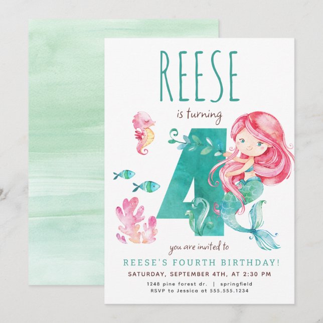 Sereia 4.º Convite de Aniversário (Frente/Verso)