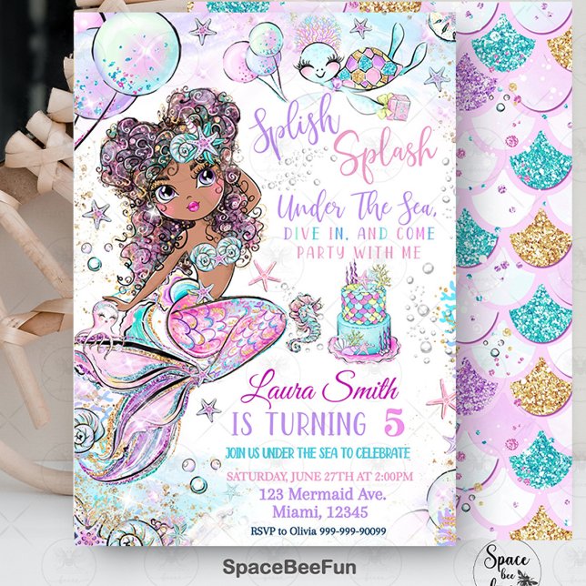 Sereia Aniversário Convite Unicórnio Sereia Negra (mermaid invitation birthday,Splish Splash Under The Sea, mermaid and unicorn,birthday invitation,mer)