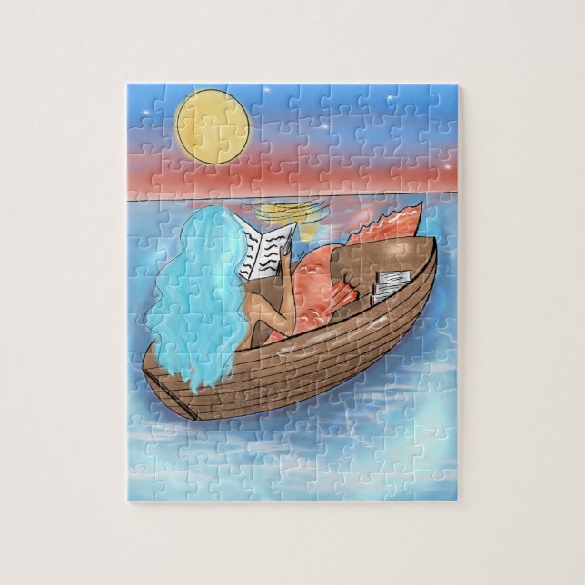 Sereia Azul Lendo Em Um Quebra-cabeça De Barco (Vertical)