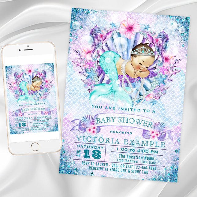 Sereia Bebê Sereia Convites Para Bebê (Mermaid Baby Shower Invitations. Instant download and printed invitations available.)