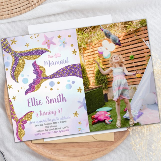 Sereia Causa Glitter Convite de Aniversário (Mermaid Tails Glitter Birthday Invitations w photo)