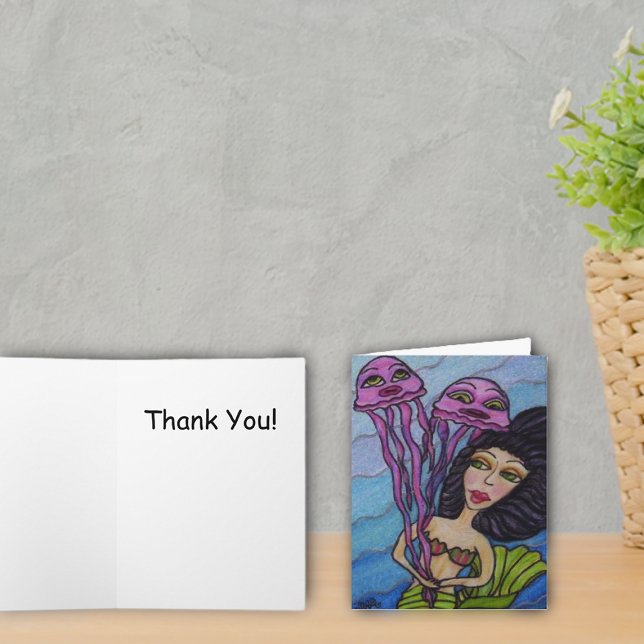 Sereia com Cartões de agradecimentos de medusa (Dark haired mermaid with purple jellyfish on blue thank you cards.)