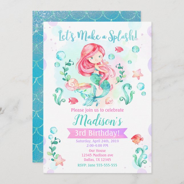 Sereia Convite de Aniversário / Sob Festa do Mar (Frente/Verso)