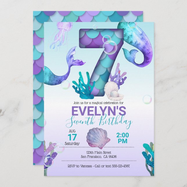 Sereia - Convite para Sereia para 7 Aniversário (Frente/Verso)