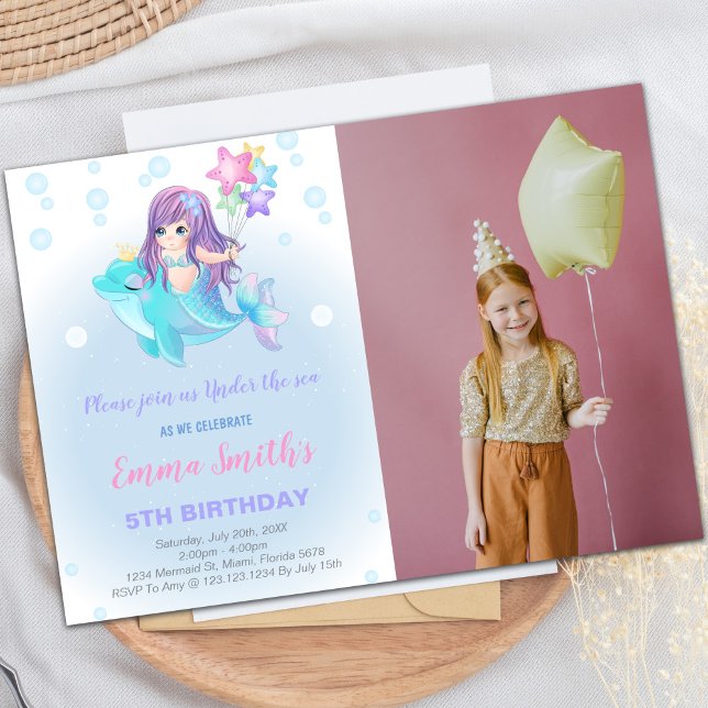 Sereia Convites de Aniversário com Golfinho e Foto (Mermaid Birthday Invitations with dolphin w photo)