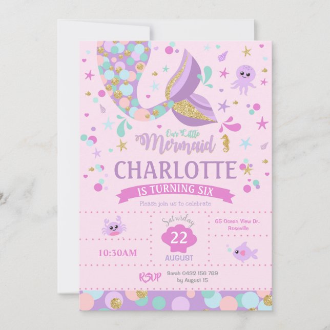 Sereia Convites de Aniversário Rosa de Sereia (Frente)