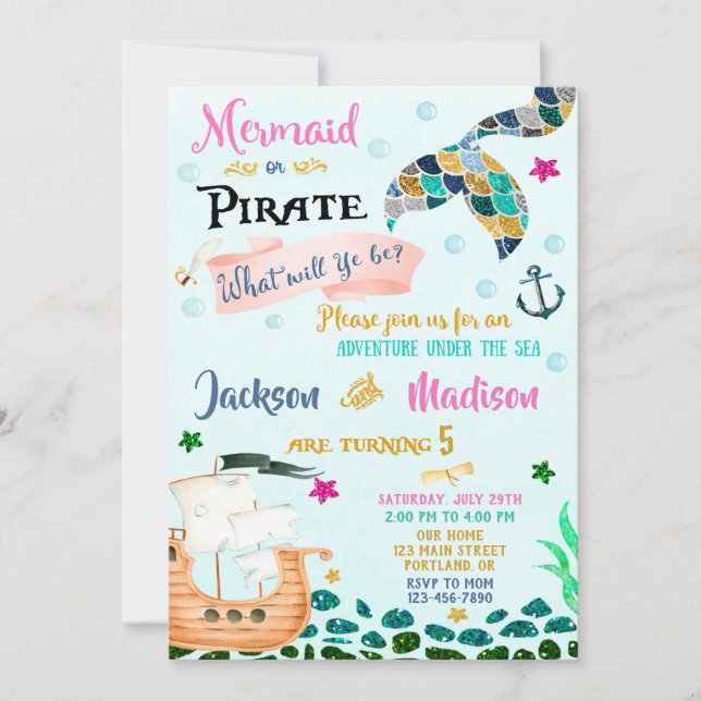 Sereia e convite de aniversário Pirata Menina (Frente)