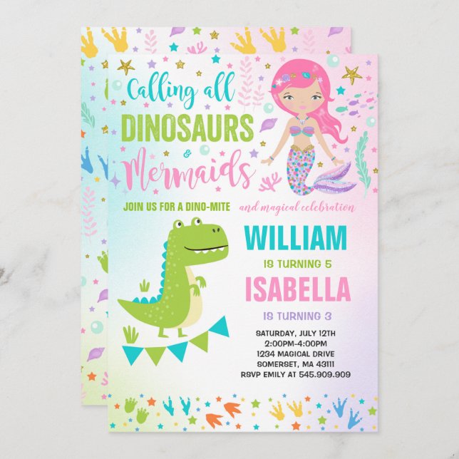 Sereia E Dinossauro Convite De Aniversário Magnéti (Frente/Verso)