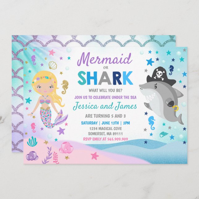 Sereia E Festa De Piscina De Convite À Aniversário (Frente/Verso)