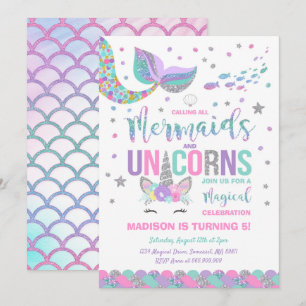 Sereia e Unicórnio Convite de Aniversário, Festa M