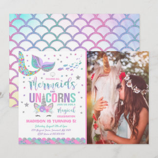 Sereia e Unicórnio Convite de Aniversário, Festa M