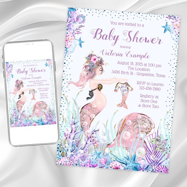 Sereia Mãe Bebê Convites (Cute mermom baby shower invitation. Instant download and printed invitations available.)