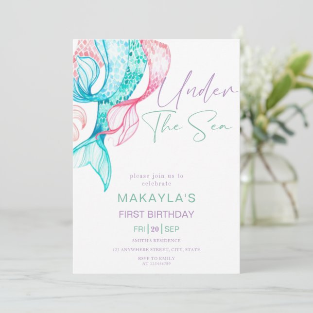 Sereia Moderna Sob Convite De Aniversário Do Mar (Em pé/Frente)