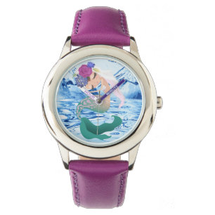 Sereia - Relógio de couro rosa de aço inoxidáve