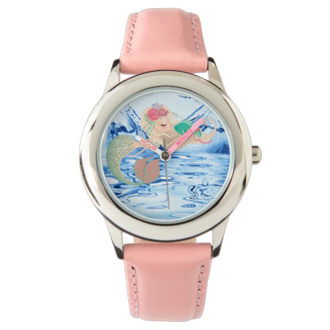 Sereia - Relógio de couro rosa de aço inoxidável (Frente)
