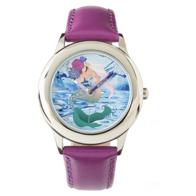 Sereia - Relógio de couro rosa de aço inoxidável (Frente)