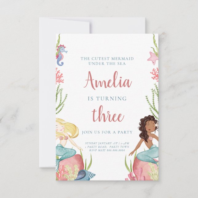Sereia Sob Convite De Aniversário Do Mar (Frente)