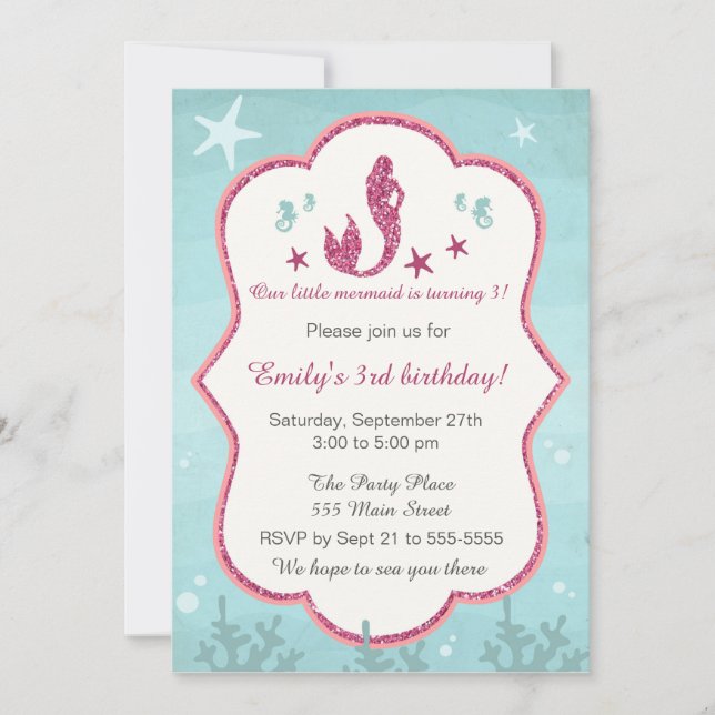 Sereia Sob Convite De Aniversário Para Garota Do M (Frente)
