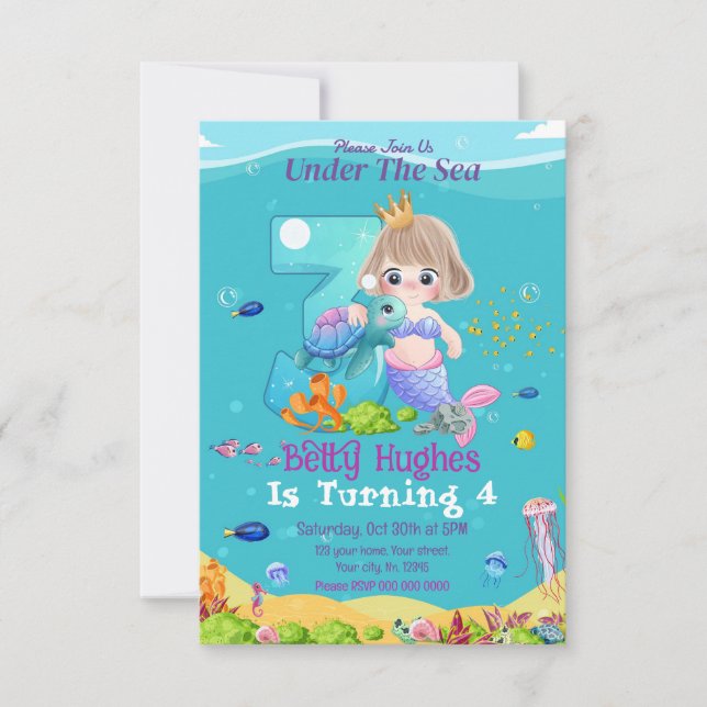 Sereia Sob Convite Para aniversário de 3 anos Do M (Frente)