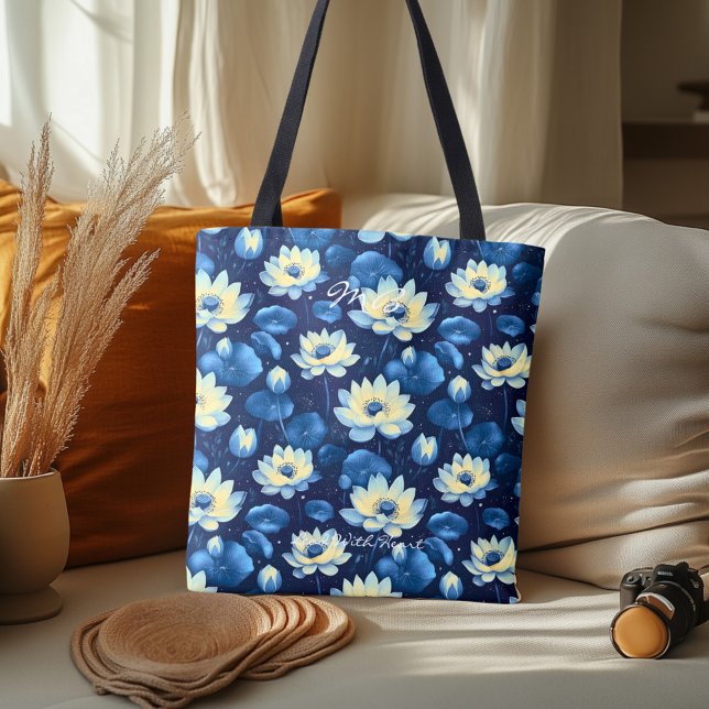 Serene Blue Lotus Floral Wellness Tote Bag (Criador carregado)