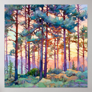 Serene Pine Forest Watercolor Impressão