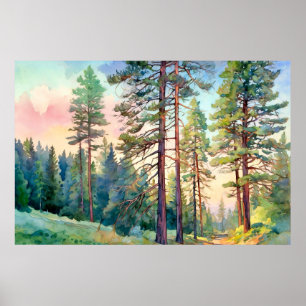 Serene Pine Forest Watercolor Impressão