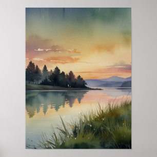 Serene Watercolor Mountain Landscape Art Impressão