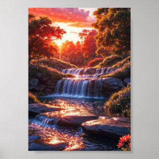 Serene Waterfall no Sunset Vertical Poster