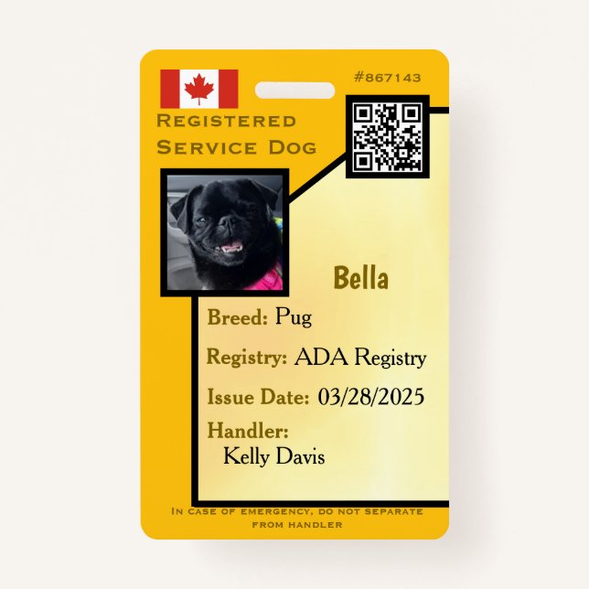 Service Dog ID Card Crachá vertical amarelo (Frente)