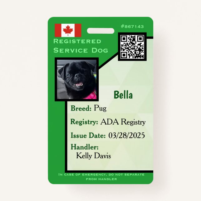 Service Dog ID Card green vertical Crachá (Frente)