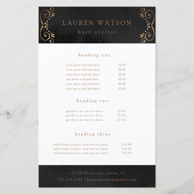 serviço florescente de ouro de seda negra e panfle (Frente)