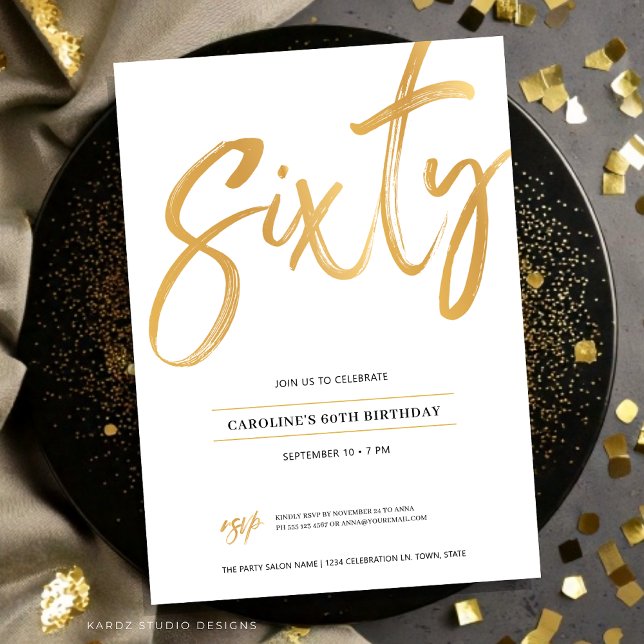 Sessenta Convites de Aniversário Dourado Branco (Sixty Birthday invitation shown in a flat 5x7 card.)