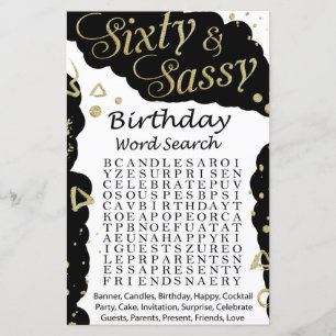 Sessenta e Sassy Birthday jogo de busca de palavra