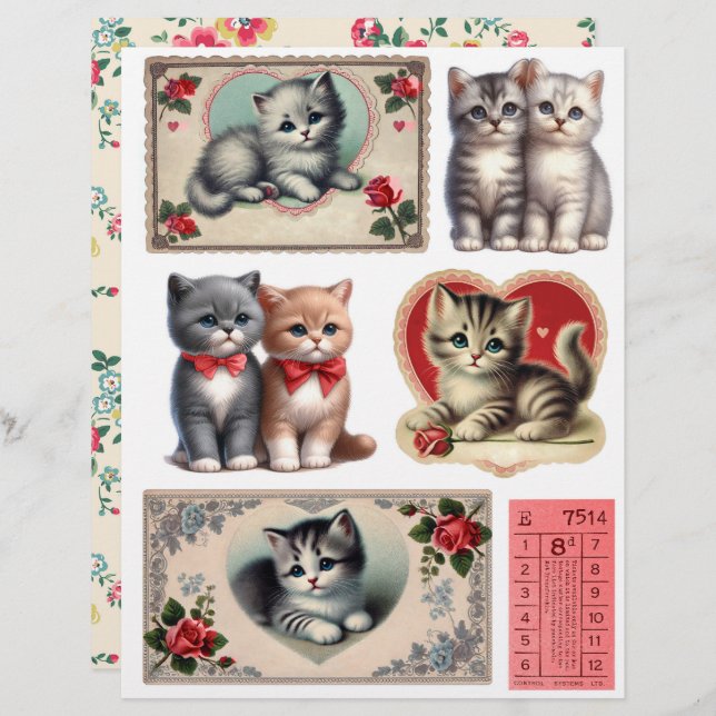 Set of Vintage Style Kitten Ephemera & Fussy Cuts (Frente/Verso)