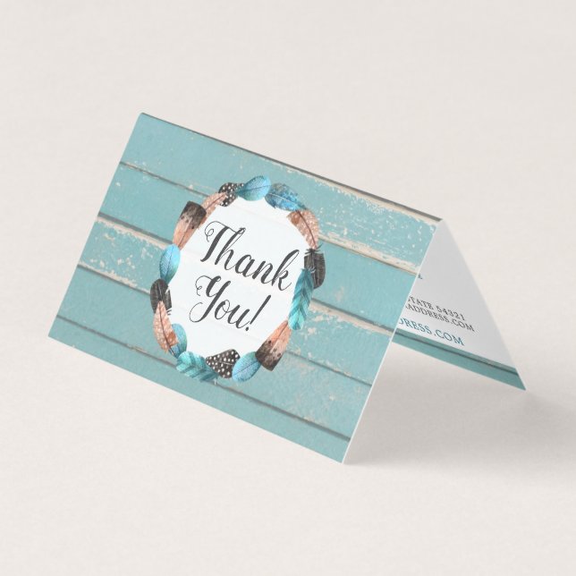 Seta Russa De Madeira E Penas Turquesa Obrigado (Frente)