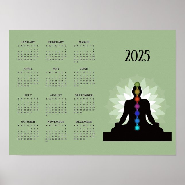 Sete Chakras Yoga Design 2025 Calendário Poster (Frente)