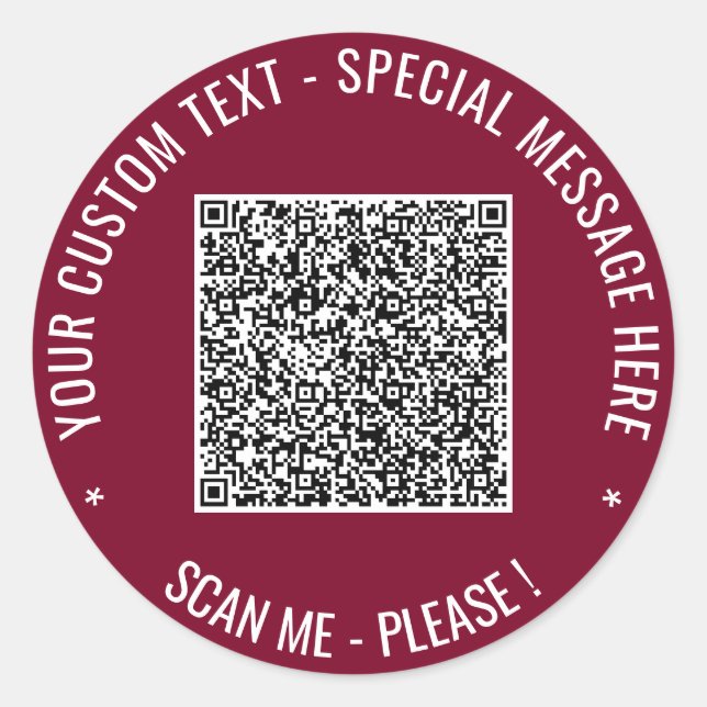 Seu adesivo de código QR com texto personalizado E (Frente)