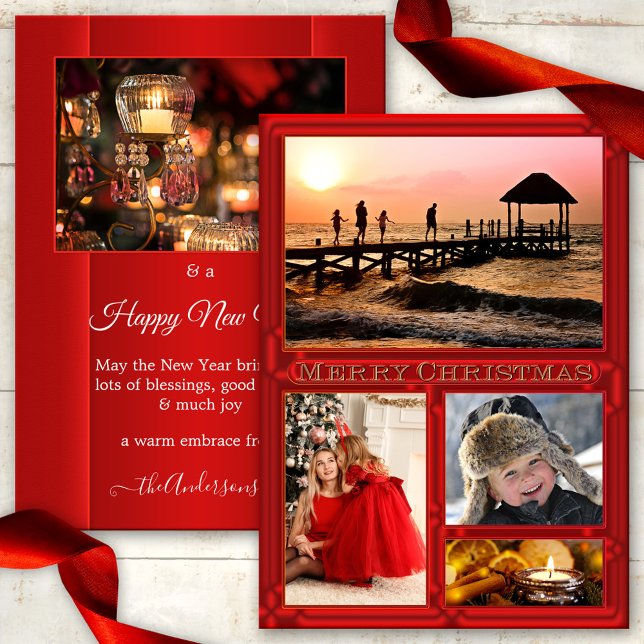 Seu Cartão de Férias Vermelhas de Natal Elegante c (A Christmas Holidays card featuring 5 of your own custom photos framed by an elegant red design)