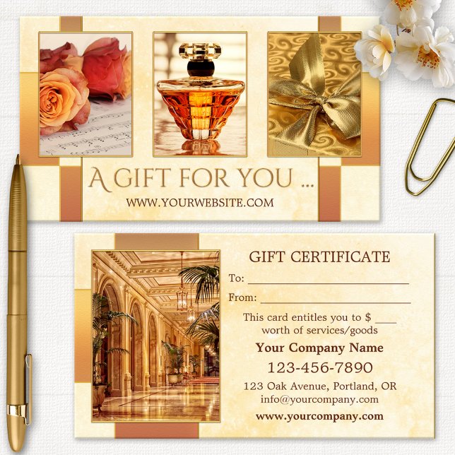Seu Cartão de Presente para Artigos de Luxo de Fot (Gift certificate template featuring your photos on a geometric gold stylized background)