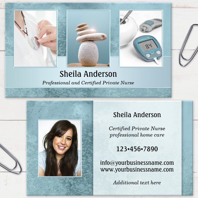 Seu Cartão de Visita de Enfermeira Particular com  (Business card featuring your photos framed by an elegant blue design - medical professional - nurse)