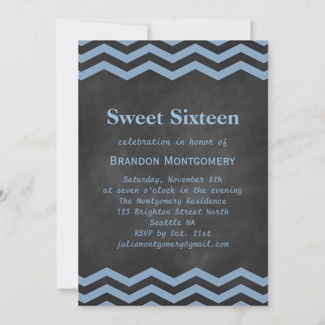 Seu Chalkboard & Blue Chevron Sweet 16 Convite (Frente)